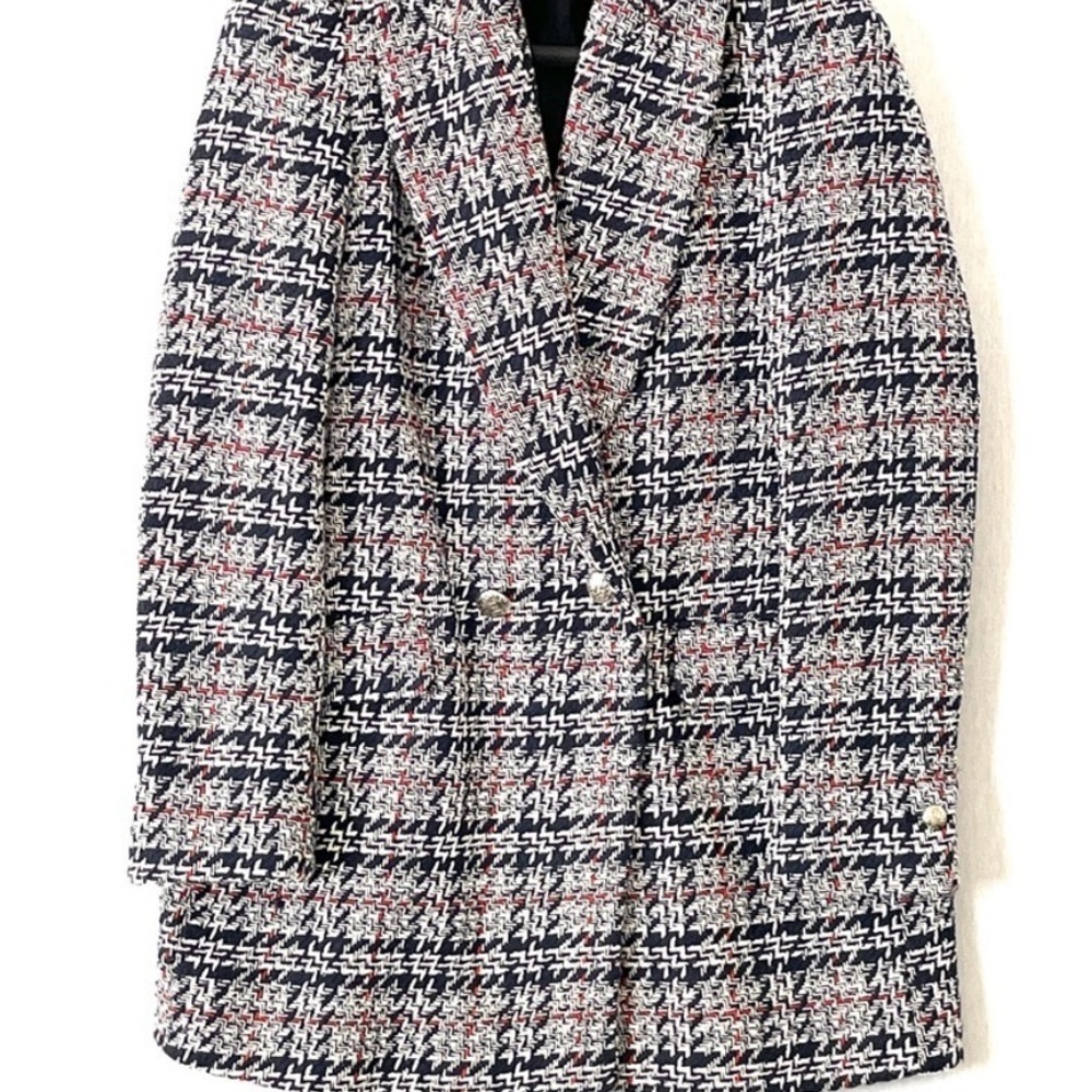 Zara Tweed Blazer Jacket Navy & Red Plaid - Picture 6 of 16